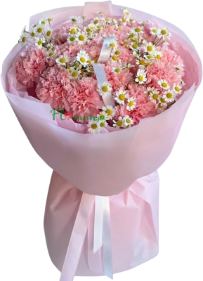 Букет из розовых гвоздик и ромашек «Пыльца феи»